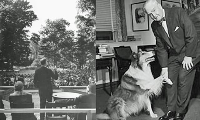 Left: Barton addresses an audience, perhaps at Deerfield Academy (we have no idea). And at home with a friend, right.
