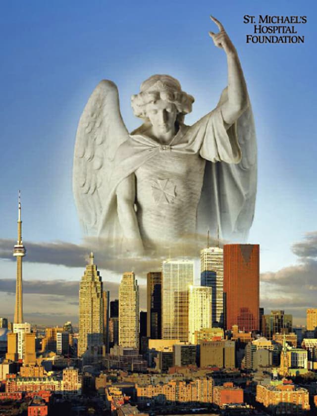 The urban angel hovering above the city of Toronto forms a striking image for the campaign.